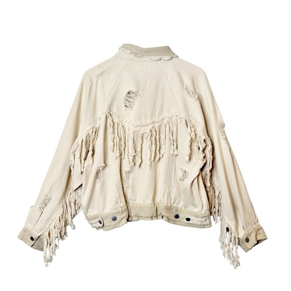 POL Boho Cream Distressed Denim Fringe Mixed Media Women’s Oversized Jacket Sz M - Picture 8 of 12
